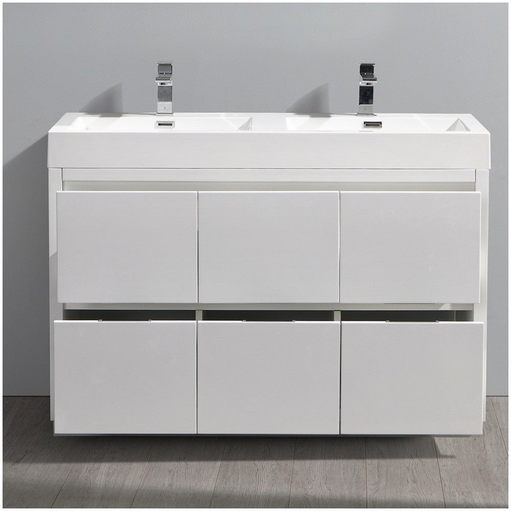 Valencia 48" Glossy White Free Standing Double Sink Modern Bathroom Vanity