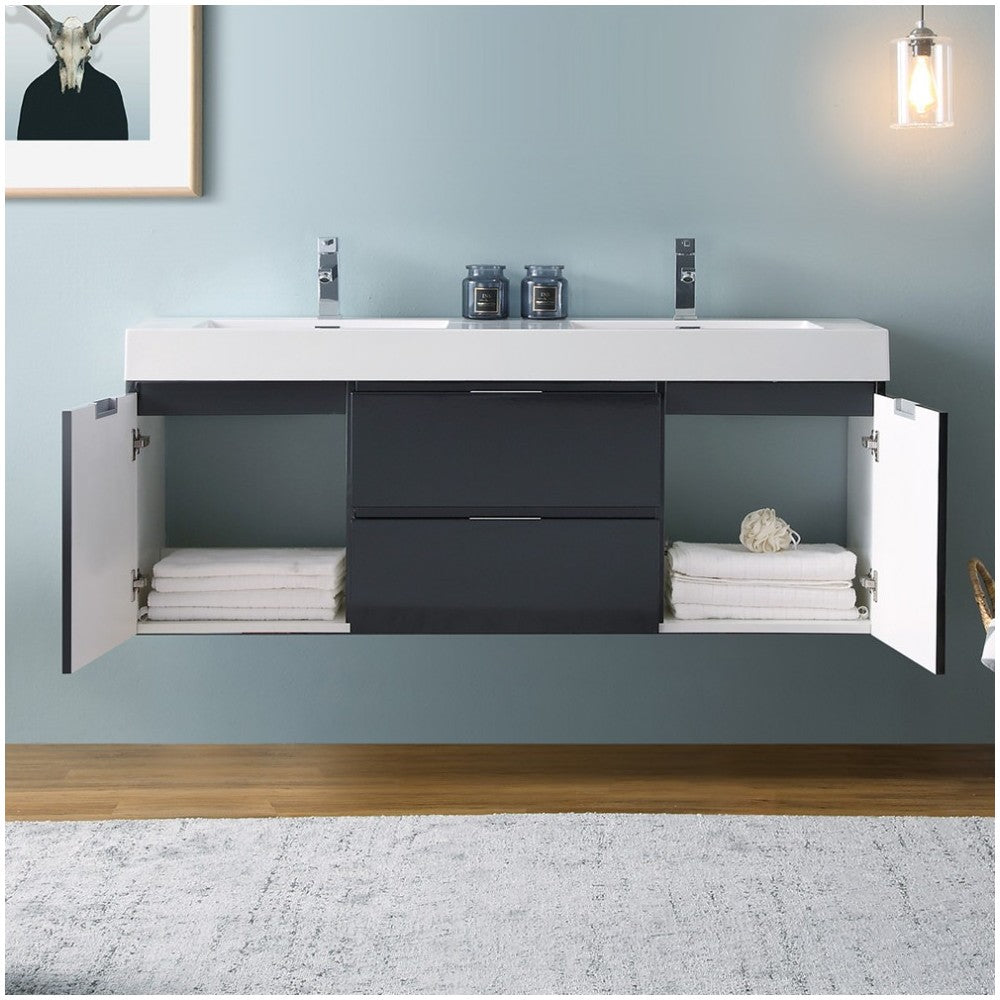 Valencia 60" Dark Slate Gray Wall Hung Double Sink Modern Bathroom Vanity