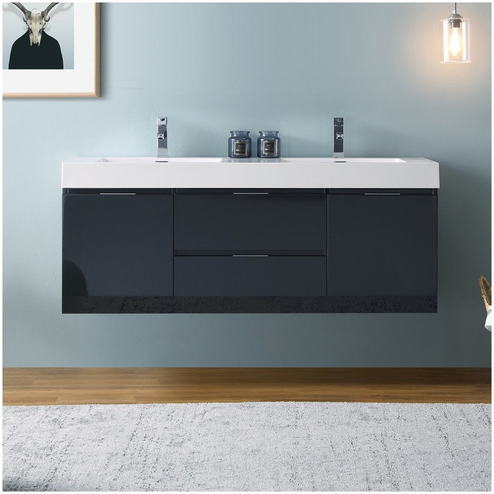 Valencia 60" Dark Slate Gray Wall Hung Double Sink Modern Bathroom Vanity