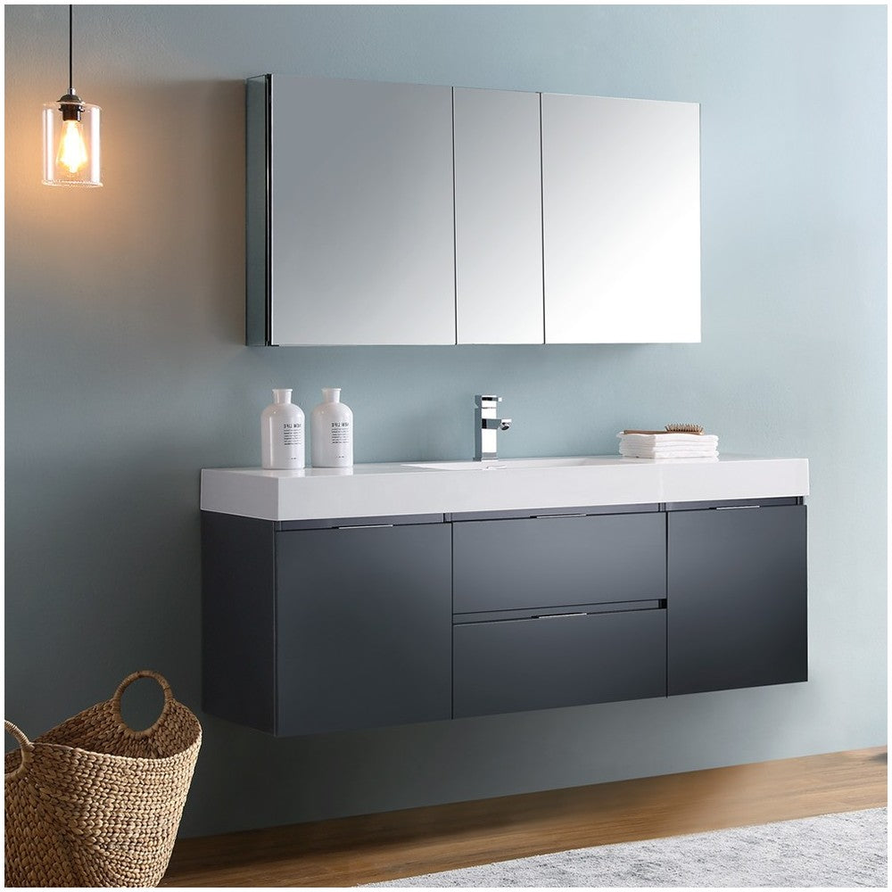 Valencia 60 Dark Slate Gray Wall Hung Modern Bathroom Vanity w/ Medicine Cabinet