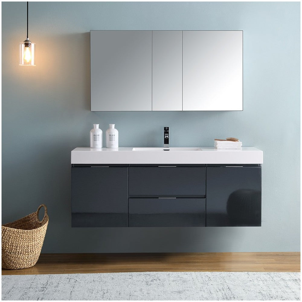 Valencia 60 Dark Slate Gray Wall Hung Modern Bathroom Vanity w/ Medicine Cabinet