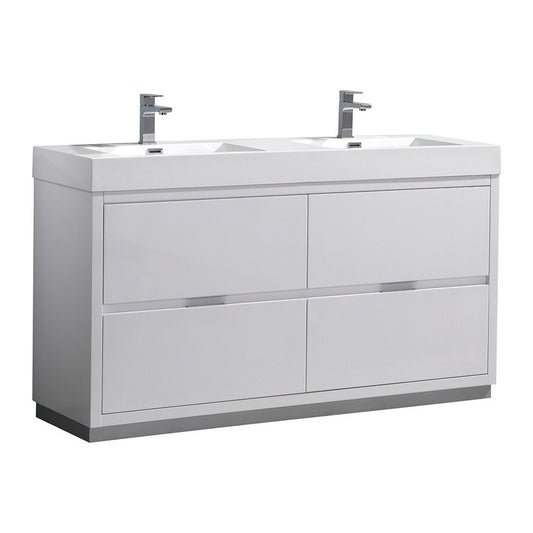 Valencia 60" Glossy White Free Standing Double Sink Modern Bathroom Vanity