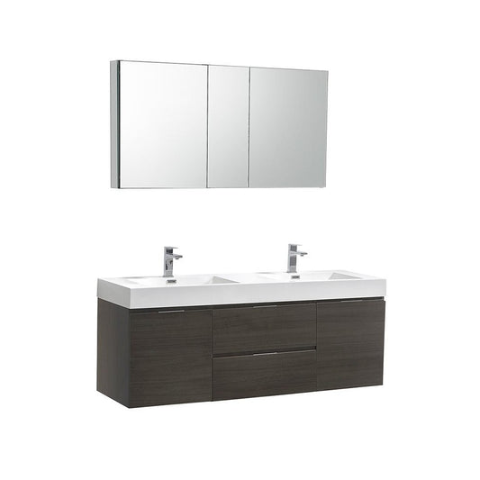 Valencia 60" Gray Oak Wall Hung Modern Bathroom Vanity w/ Medicine Cabinet