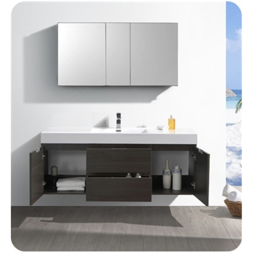 Valencia 60" Gray Oak Wall Hung Modern Bathroom Vanity w/ Medicine Cabinet