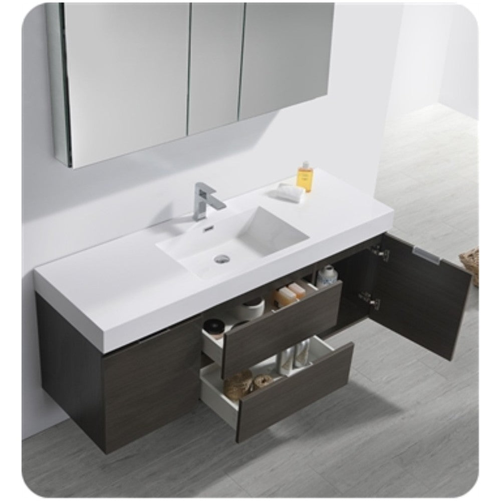 Valencia 60" Gray Oak Wall Hung Modern Bathroom Vanity w/ Medicine Cabinet