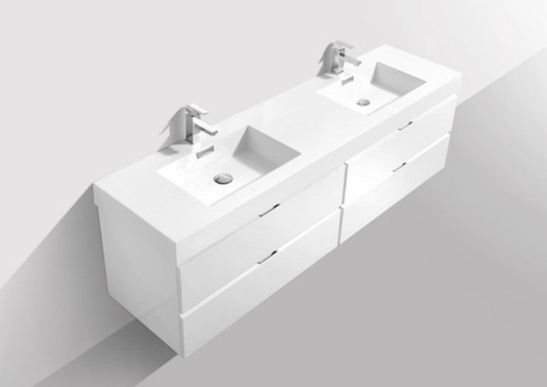 Bliss 72" Double Sink High Gloss White Wall Mount Modern Bathroom Vanity