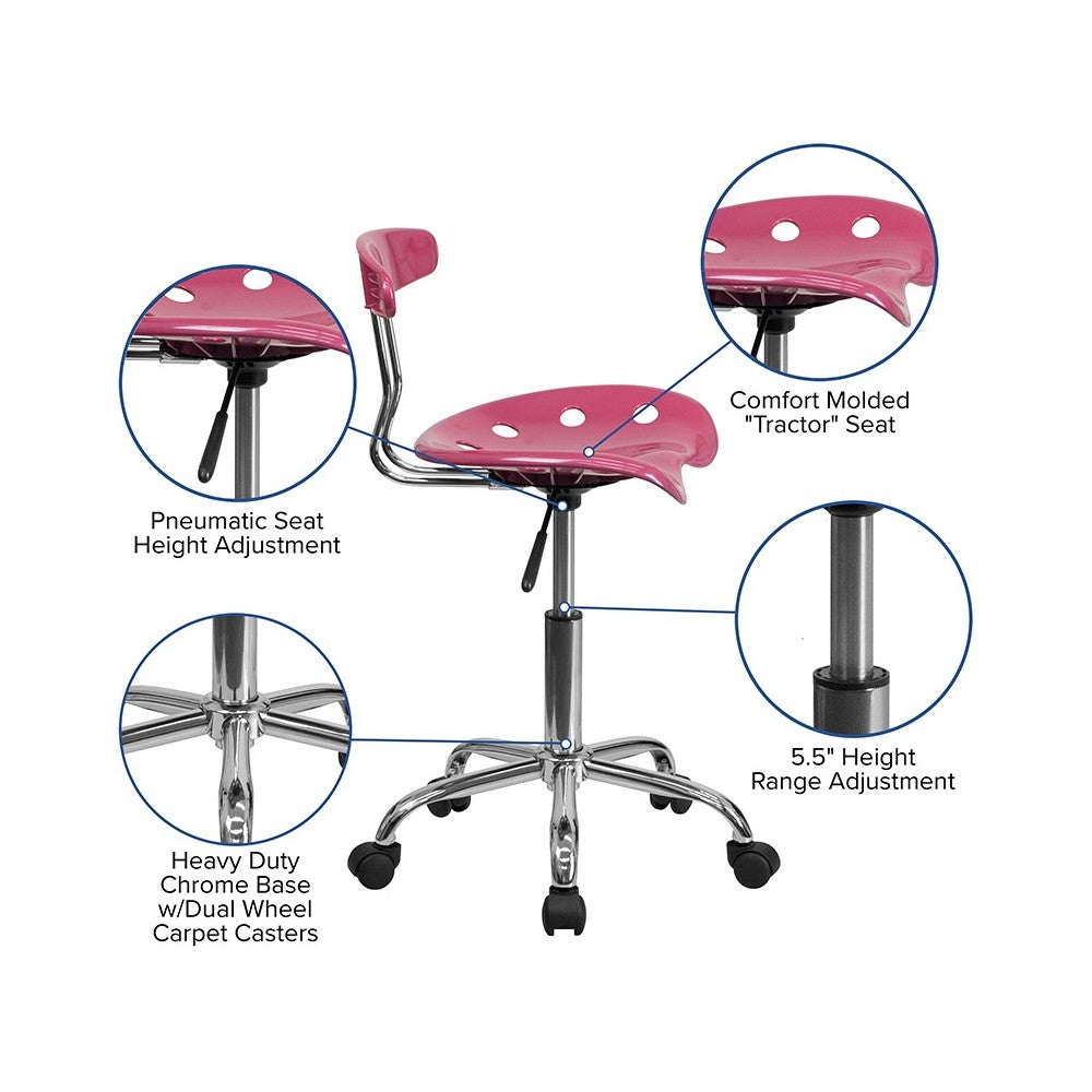 Vibrant Pink and Chrome Swivel Task Office Chair with Tractor Seat