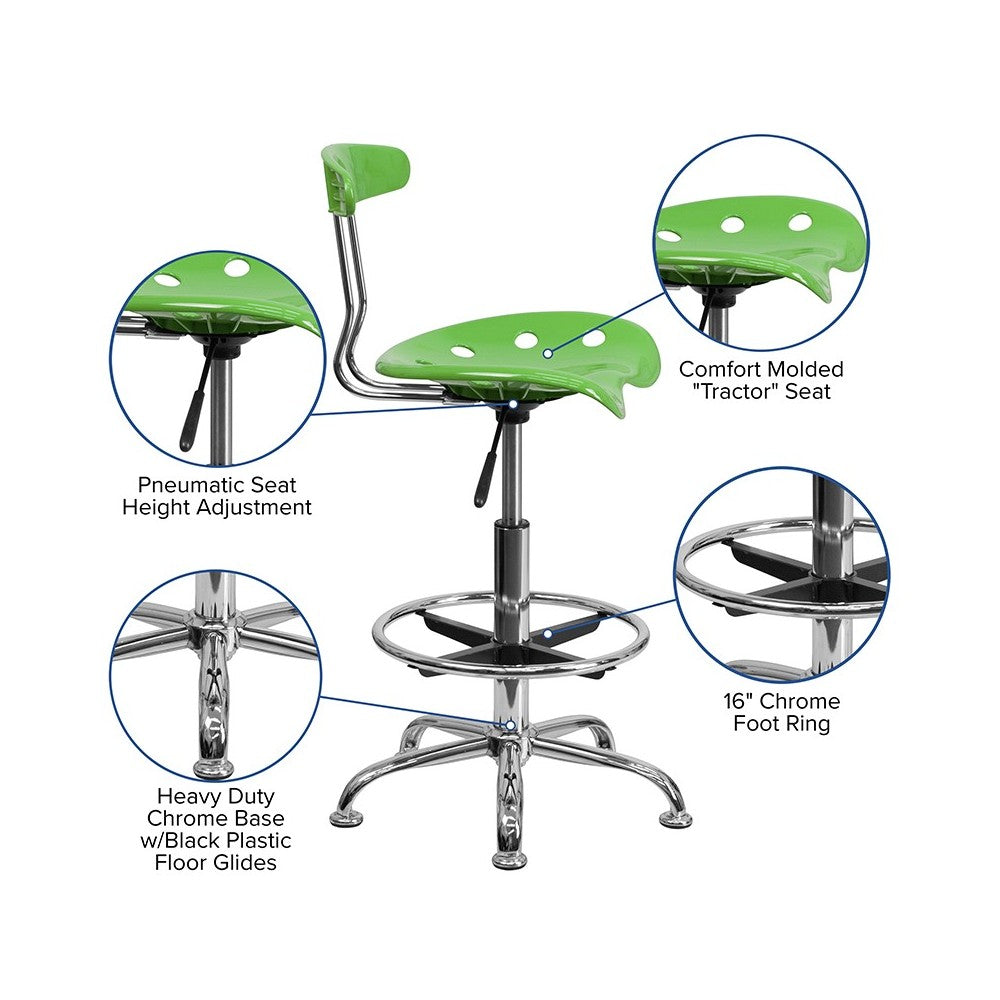 Vibrant Spicy Lime and Chrome Drafting Stool with Tractor Seat