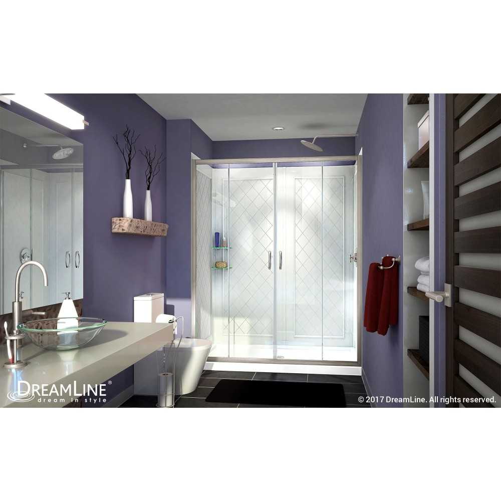 Visions 30 in. D x 60 in. W x 76 3/4 in. H Sliding Shower Door in Brushed Nickel with Center Drain White Base, Backwalls