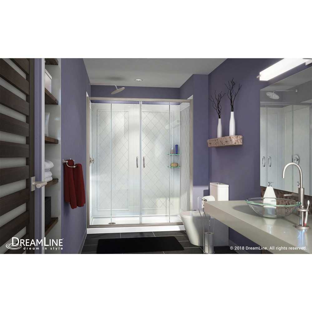 Visions 30 in. D x 60 in. W x 76 3/4 in. H Sliding Shower Door in Brushed Nickel with Left Drain White Base, Backwalls