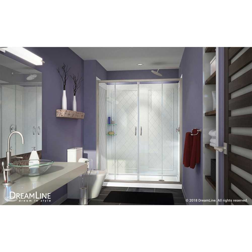 Visions 30 in. D x 60 in. W x 76 3/4 in. H Sliding Shower Door in Brushed Nickel with Right Drain White Base, Backwalls