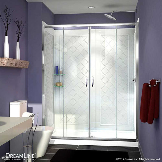 Visions 30 in. D x 60 in. W x 76 3/4 in. H Sliding Shower Door in Chrome with Center Drain White Base, Backwalls