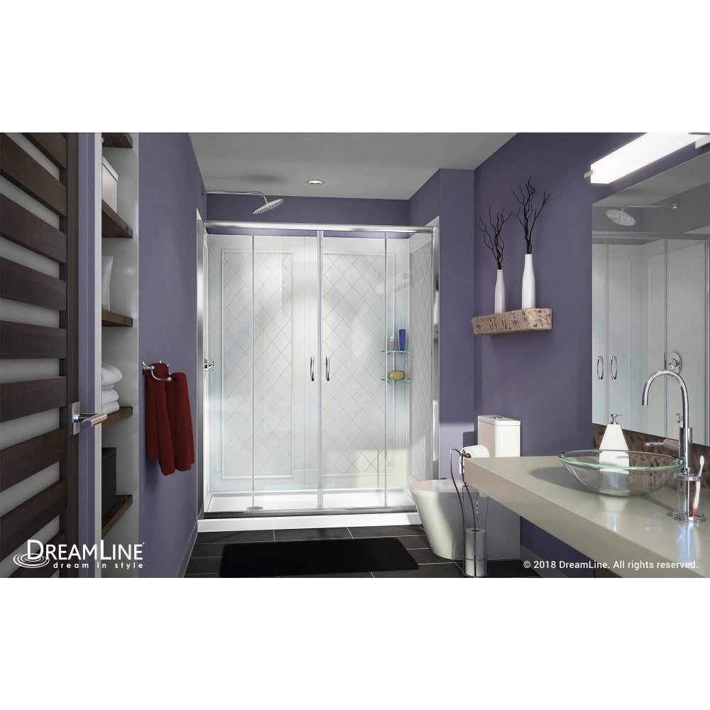 Visions 30 in. D x 60 in. W x 76 3/4 in. H Sliding Shower Door in Chrome with Left Drain White Base, Backwalls