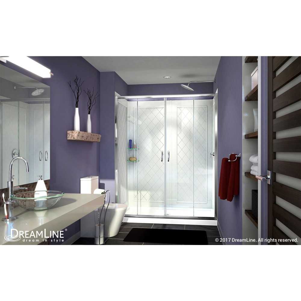 Visions 34 in. D x 60 in. W x 76 3/4 in. H Sliding Shower Door in Chrome with Center Drain White Base, Backwalls