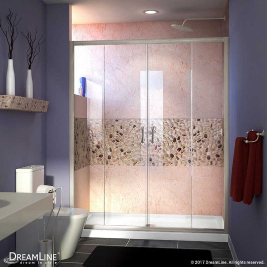 Visions 36 in. D x 60 in. W x 74 3/4 in. H Sliding Shower Door in Brushed Nickel with Center Drain White Shower Base