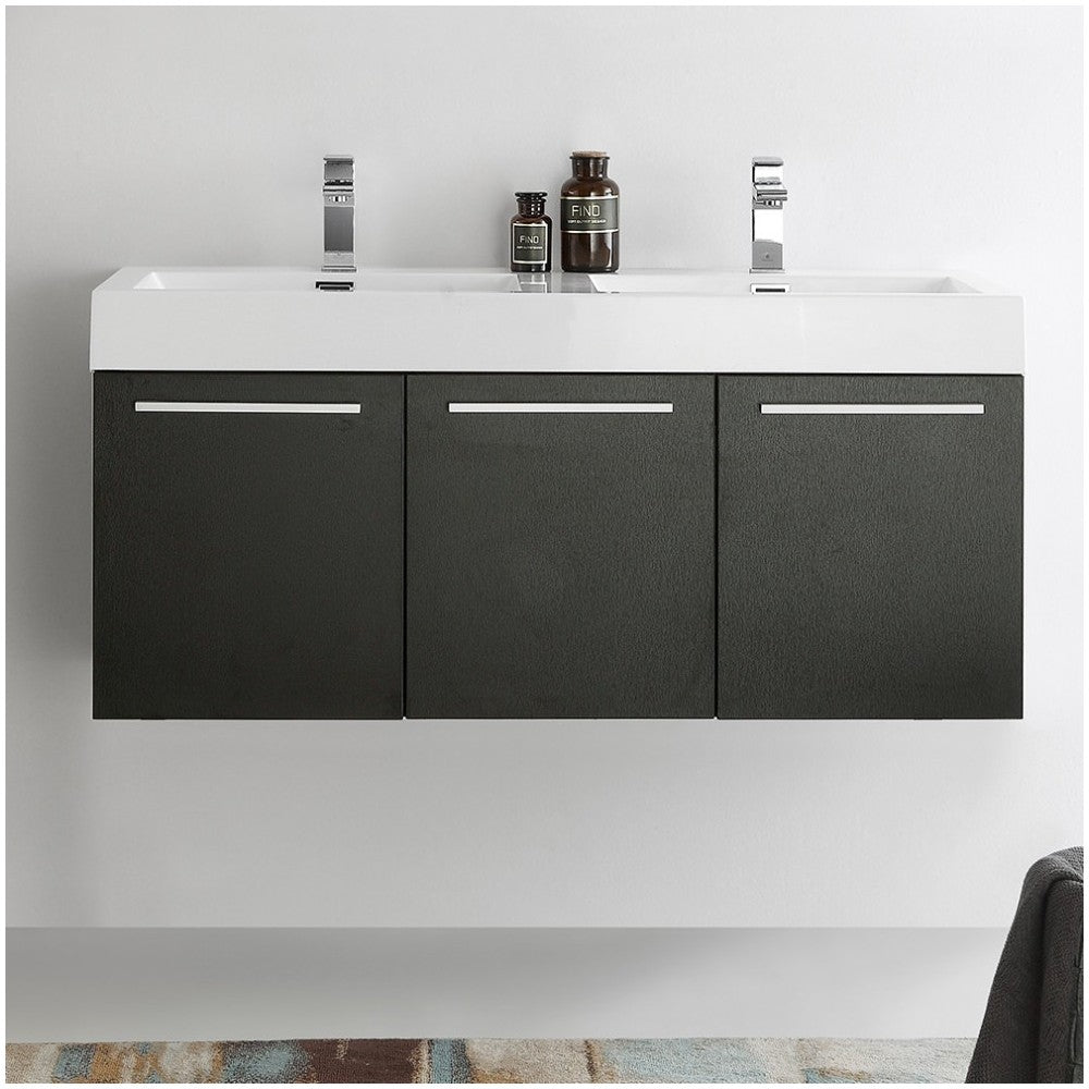 Vista 48" Black Wall Hung Double Sink Modern Bathroom Cabinet w/ Integrated Sink