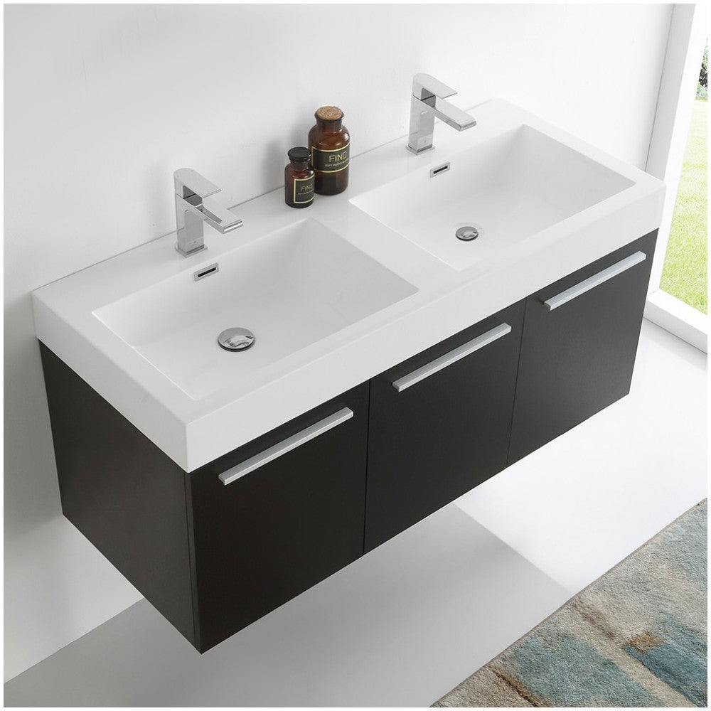 Vista 48" Black Wall Hung Double Sink Modern Bathroom Cabinet w/ Integrated Sink