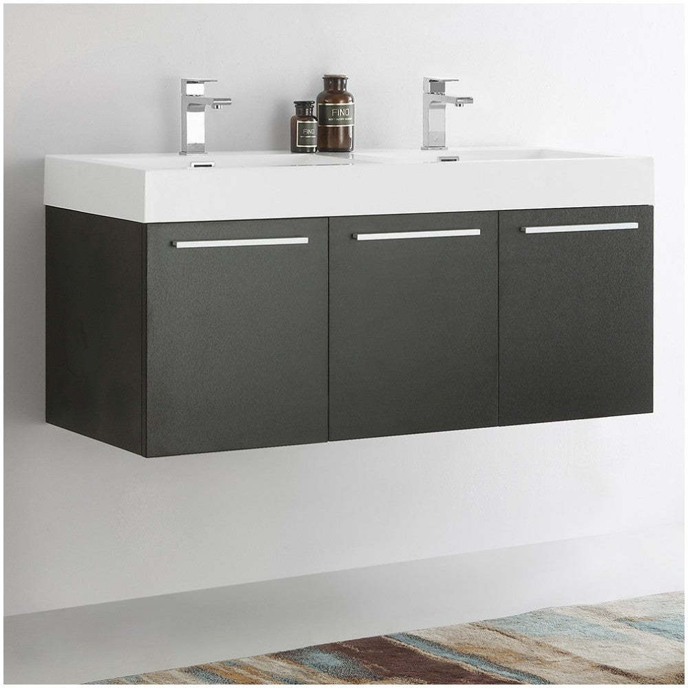 Vista 48" Black Wall Hung Double Sink Modern Bathroom Cabinet w/ Integrated Sink
