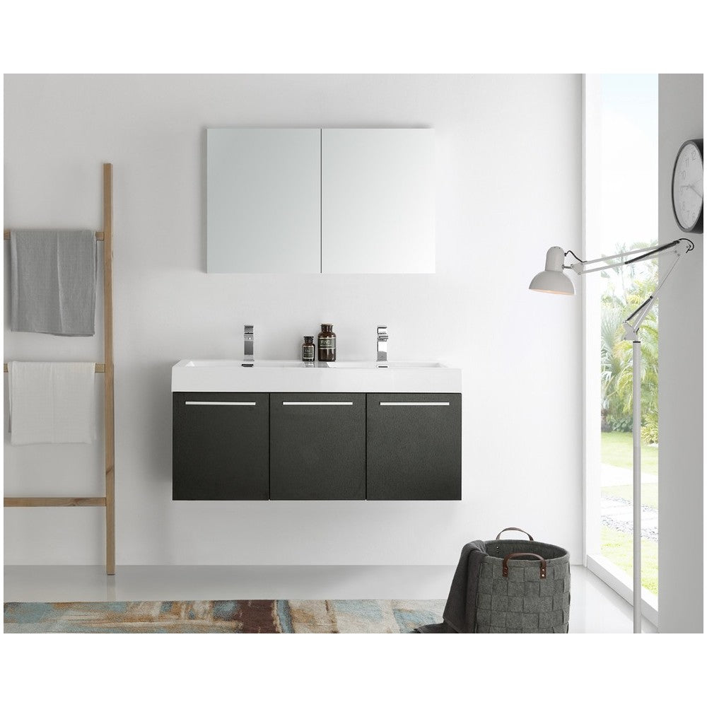 Vista 48" Black Wall Hung Double Sink Modern Bathroom Vanity w/ Medicine Cabinet