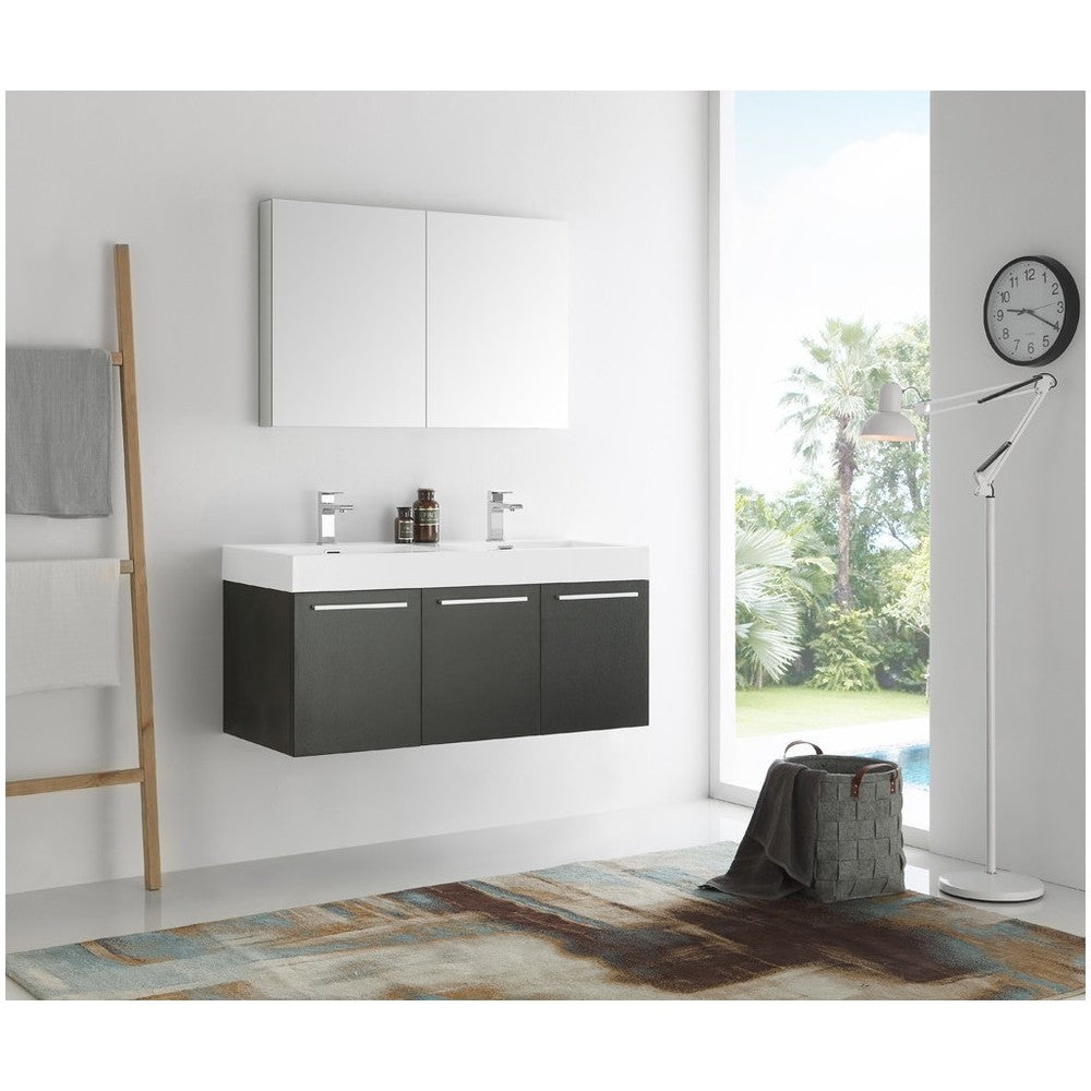 Vista 48" Black Wall Hung Double Sink Modern Bathroom Vanity w/ Medicine Cabinet