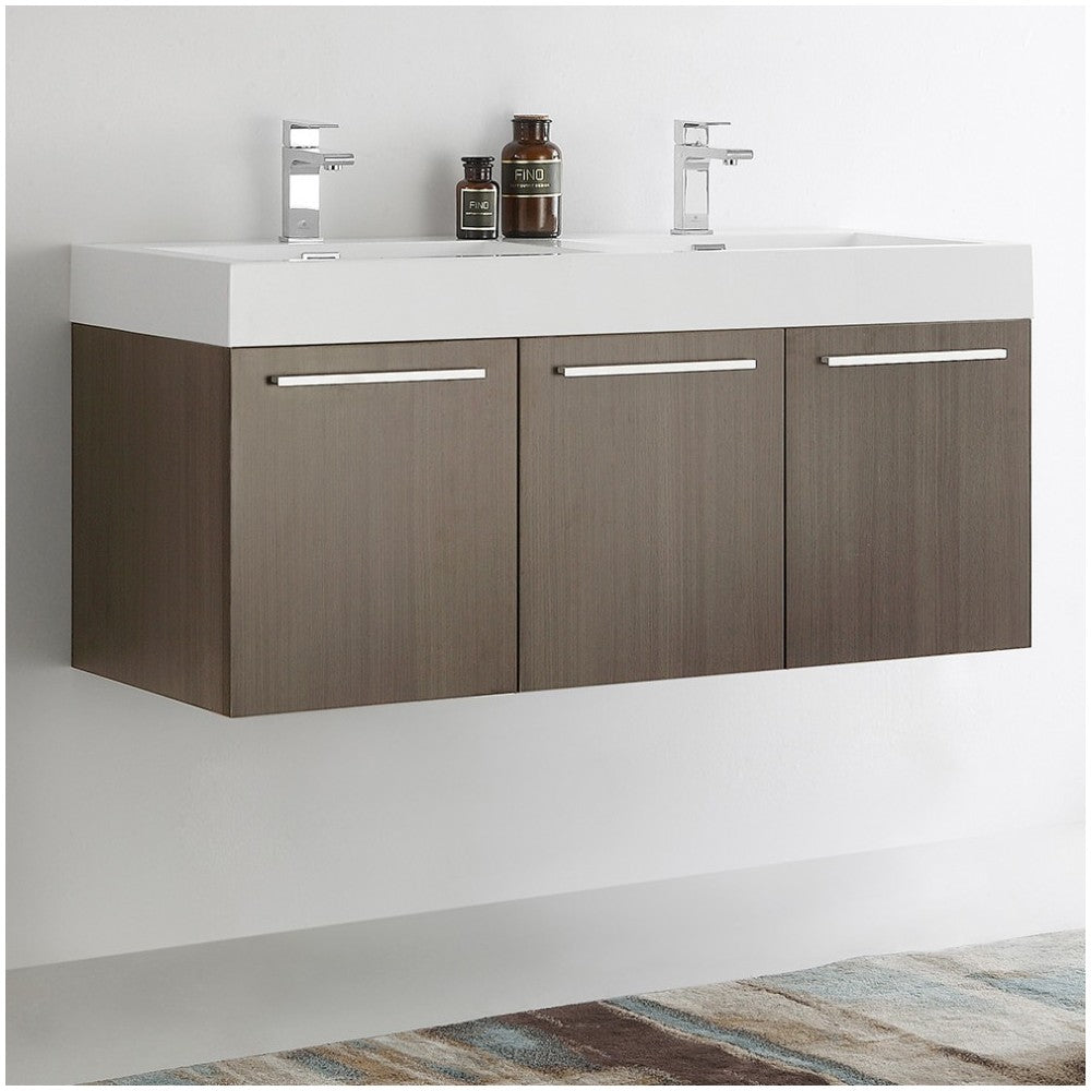 Vista 48 Gray Oak Wall Hung Double Sink Bathroom Cabinet w/ Integrated Sink