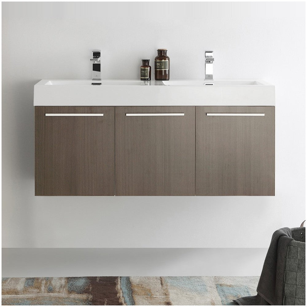 Vista 48 Gray Oak Wall Hung Double Sink Bathroom Cabinet w/ Integrated Sink