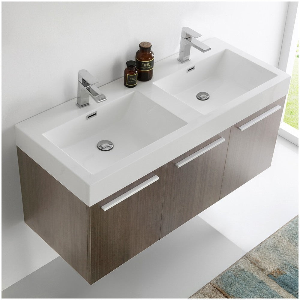 Vista 48 Gray Oak Wall Hung Double Sink Bathroom Cabinet w/ Integrated Sink