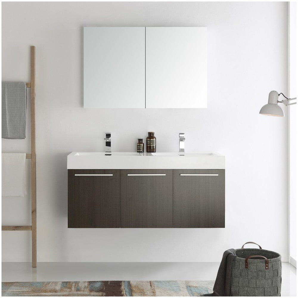 Vista 48 Gray Wall Hung Double Sink Modern Bathroom Vanity w/ Medicine Cabinet