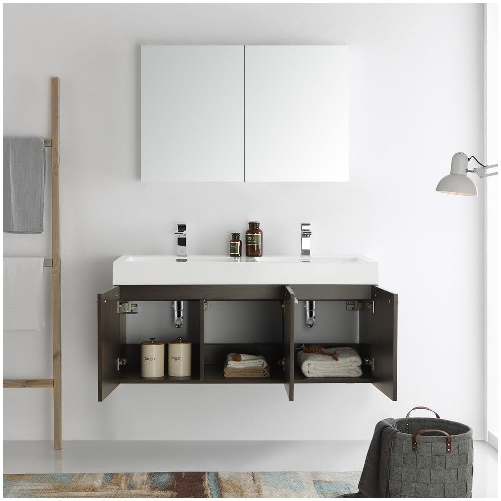 Vista 48 Gray Wall Hung Double Sink Modern Bathroom Vanity w/ Medicine Cabinet