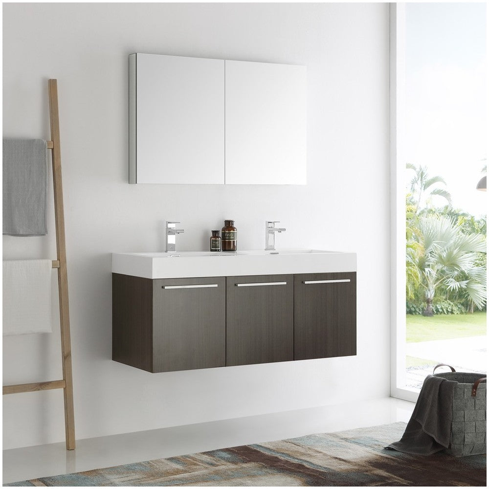 Vista 48 Gray Wall Hung Double Sink Modern Bathroom Vanity w/ Medicine Cabinet