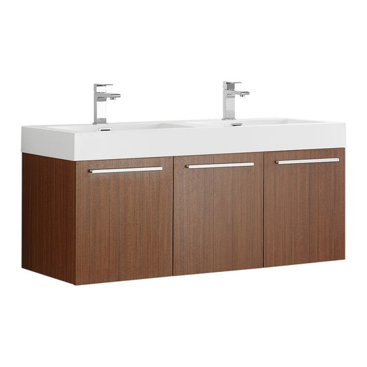 Vista 48" Teak Wall Hung Double Sink Modern Bathroom Cabinet w/ Integrated Sink