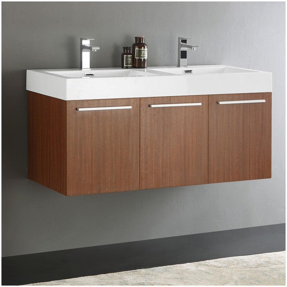 Vista 48" Teak Wall Hung Double Sink Modern Bathroom Cabinet w/ Integrated Sink