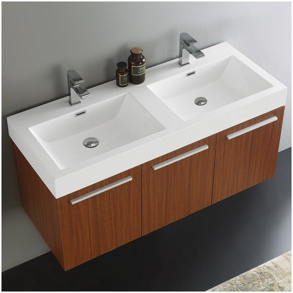 Vista 48" Teak Wall Hung Double Sink Modern Bathroom Cabinet w/ Integrated Sink