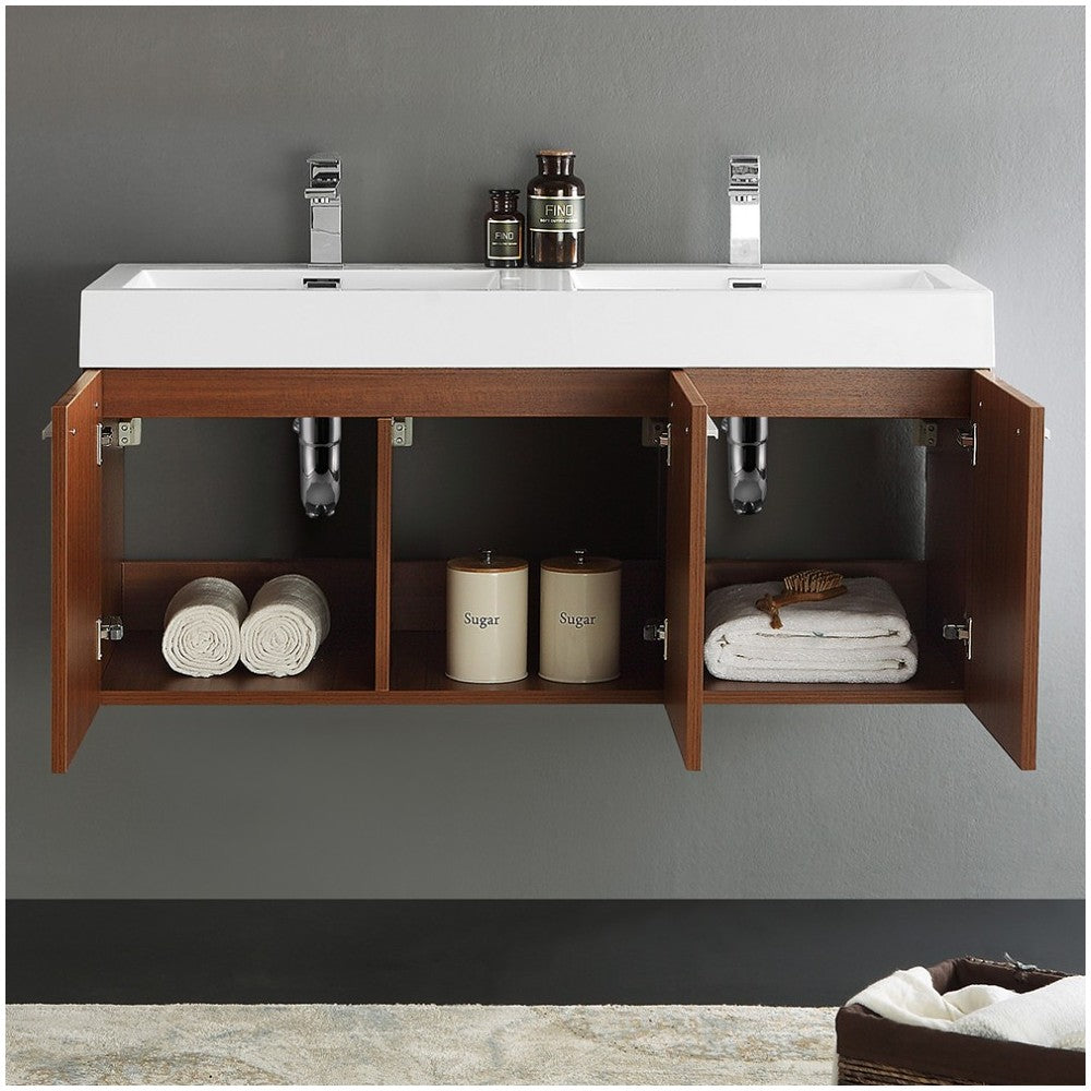 Vista 48" Teak Wall Hung Double Sink Modern Bathroom Cabinet w/ Integrated Sink