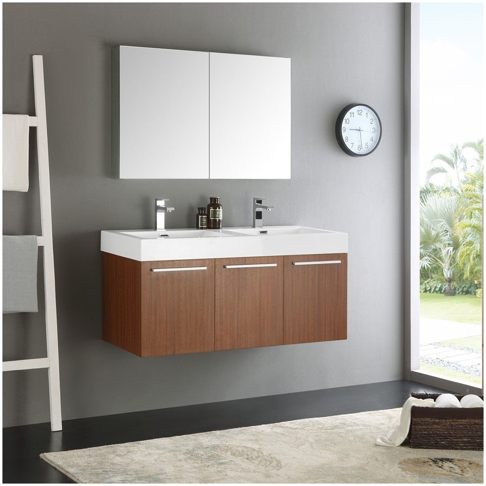 Vista 48" Teak Wall Hung Double Sink Modern Bathroom Vanity w/ Medicine Cabinet