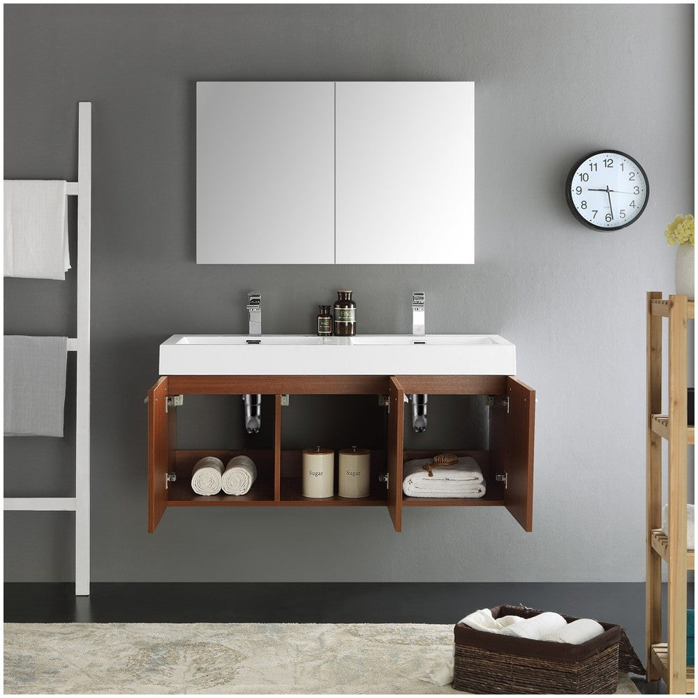 Vista 48" Teak Wall Hung Double Sink Modern Bathroom Vanity w/ Medicine Cabinet