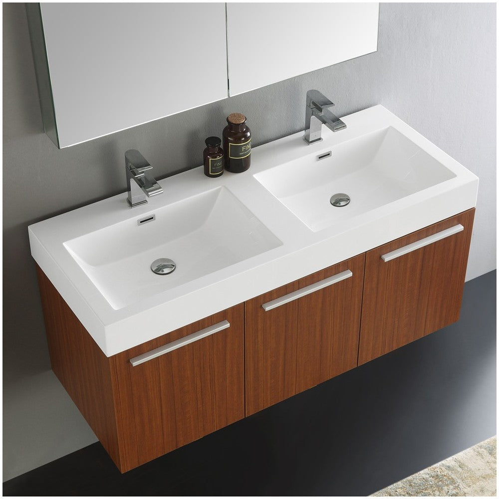 Vista 48" Teak Wall Hung Double Sink Modern Bathroom Vanity w/ Medicine Cabinet