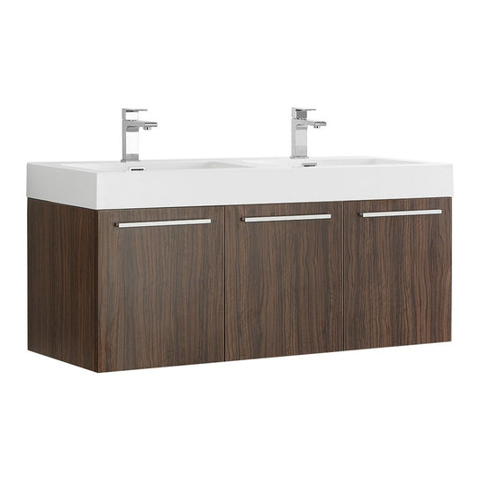 Vista 48 Walnut Wall Hung Double Sink Modern Bathroom Cabinet w/ Integrated Sink