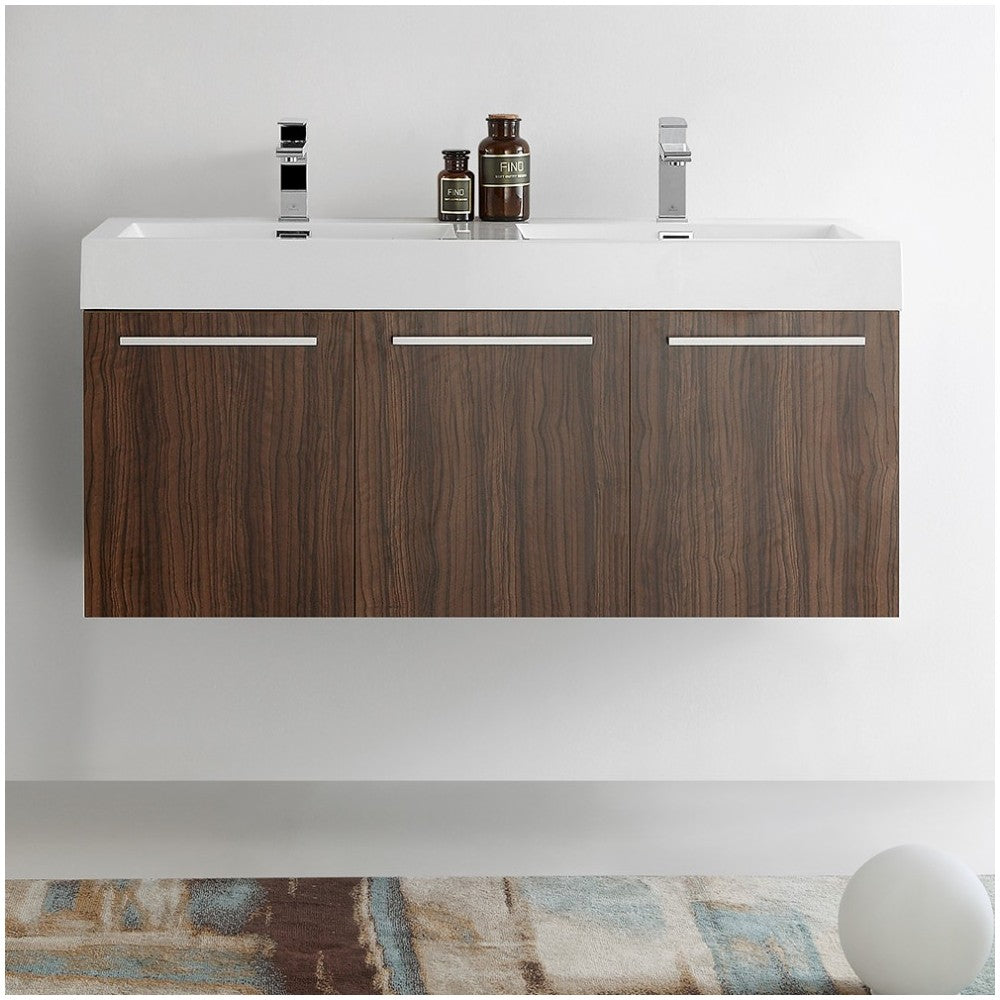 Vista 48 Walnut Wall Hung Double Sink Modern Bathroom Cabinet w/ Integrated Sink