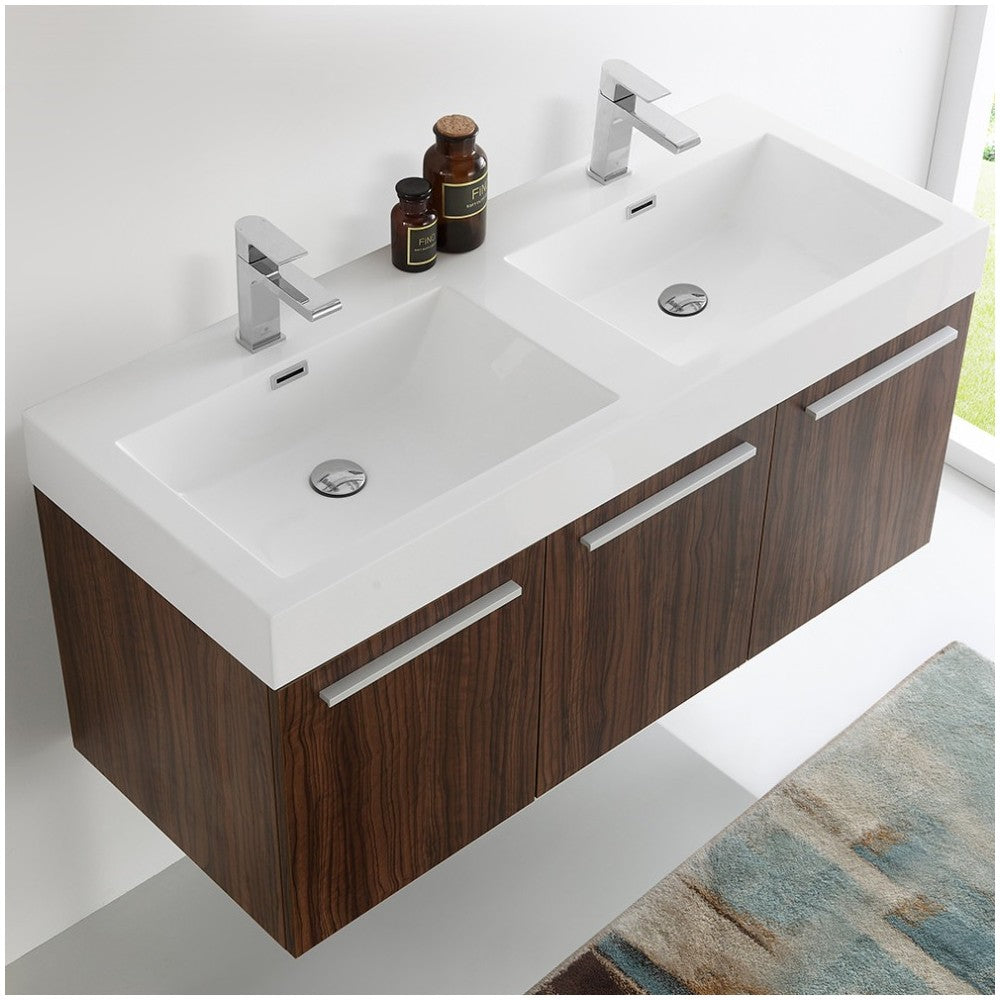 Vista 48 Walnut Wall Hung Double Sink Modern Bathroom Cabinet w/ Integrated Sink