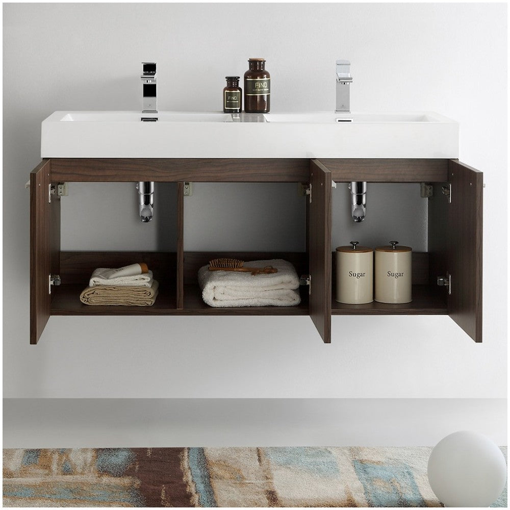 Vista 48 Walnut Wall Hung Double Sink Modern Bathroom Cabinet w/ Integrated Sink