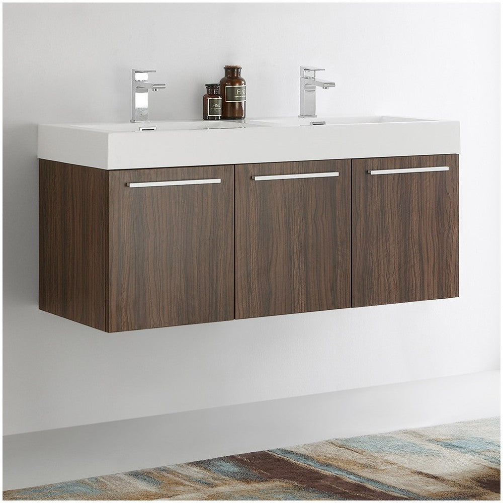 Vista 48 Walnut Wall Hung Double Sink Modern Bathroom Cabinet w/ Integrated Sink