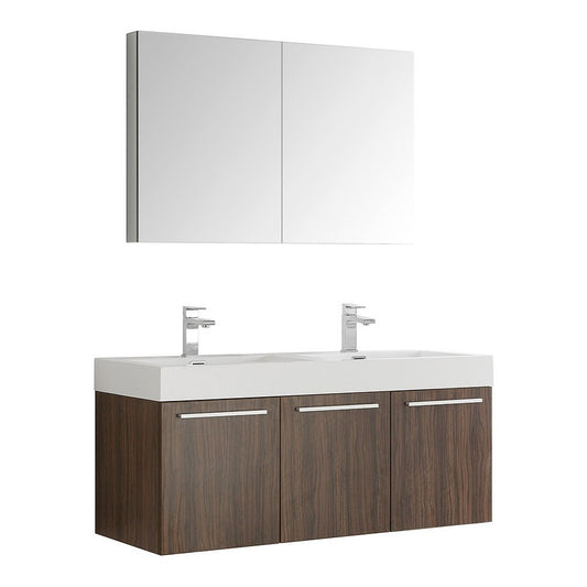 Vista 48 Walnut Wall Hung Double Sink Modern Bathroom Vanity w/ Medicine Cabinet