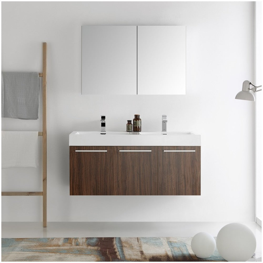 Vista 48 Walnut Wall Hung Double Sink Modern Bathroom Vanity w/ Medicine Cabinet