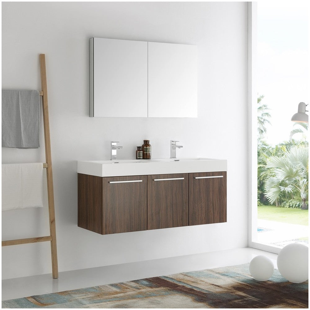 Vista 48 Walnut Wall Hung Double Sink Modern Bathroom Vanity w/ Medicine Cabinet