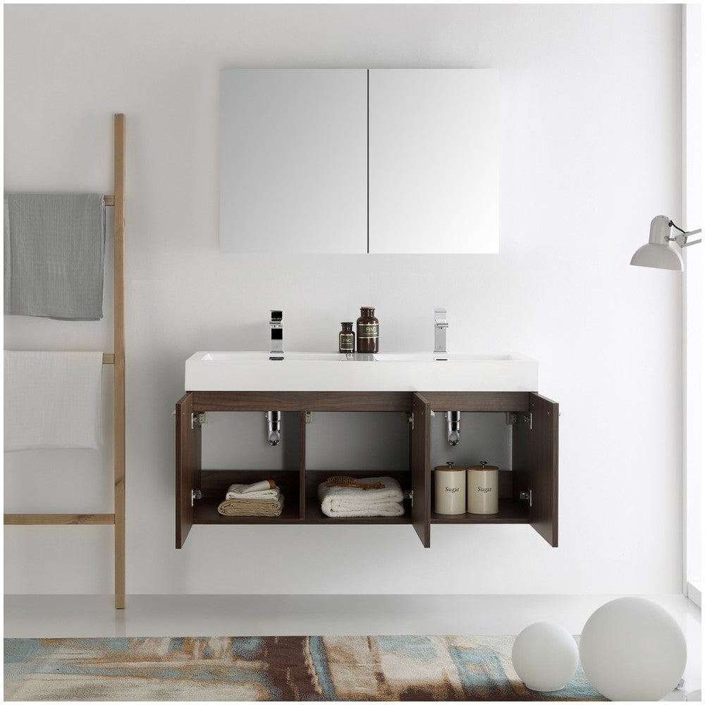 Vista 48 Walnut Wall Hung Double Sink Modern Bathroom Vanity w/ Medicine Cabinet