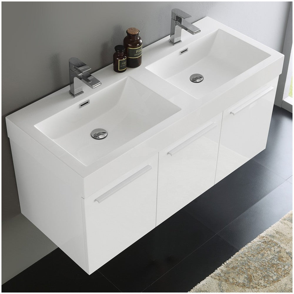 Vista 48" White Wall Hung Double Sink Modern Bathroom Cabinet w/ Integrated Sink