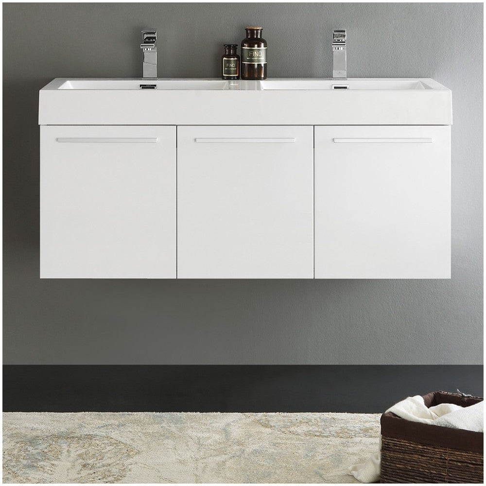 Vista 48" White Wall Hung Double Sink Modern Bathroom Cabinet w/ Integrated Sink