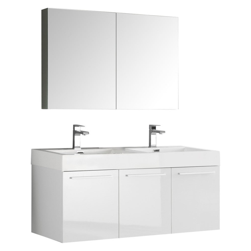 Vista 48" White Wall Hung Double Sink Modern Bathroom Vanity w/ Medicine Cabinet