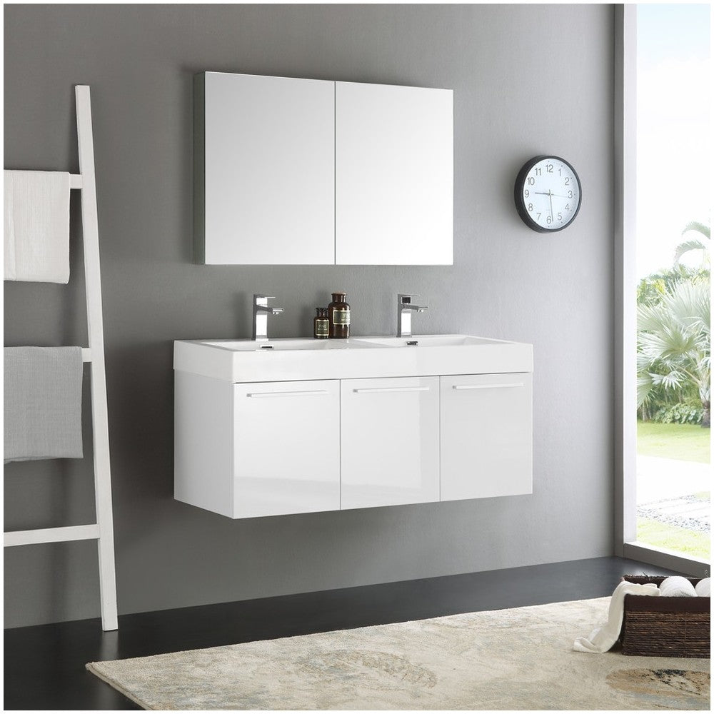 Vista 48" White Wall Hung Double Sink Modern Bathroom Vanity w/ Medicine Cabinet